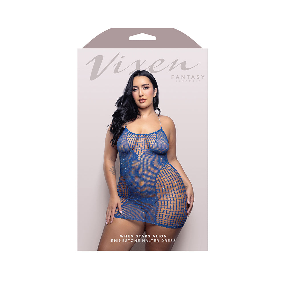 FANTASY LINGERIE - VIXEN WHEN STARS ALIGN RHINESTONE HALTER DRESS BLUE QUEEN SIZE