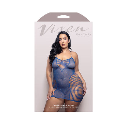 FANTASY LINGERIE - VIXEN WHEN STARS ALIGN RHINESTONE HALTER DRESS BLUE QUEEN SIZE