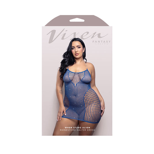 LENCERÍA DE FANTASÍA - VIXEN CUANDO LAS ESTRELLAS SE ALINEAN VESTIDO HALTYER DE PEDRERÍA AZUL TALLA GRANDE