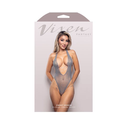 LENCERÍA DE FANTASÍA - TEDDY VIXEN SWEET VENOM CON ESCOTE PRONUNCIADO Y CUELLO HALTER, Y CADENAS DESMONTABLES GRIS TALLA ÚNICA