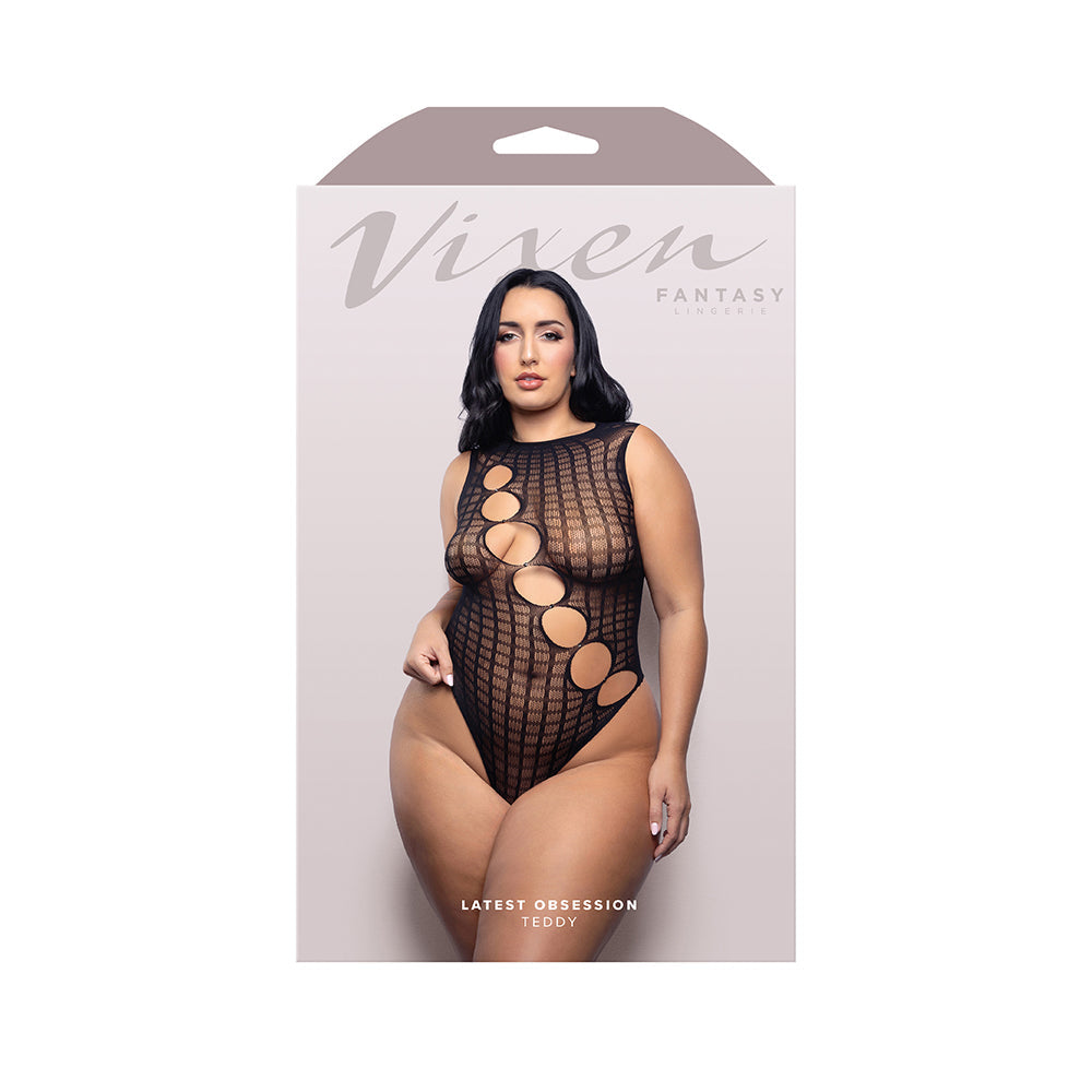 FANTASY LINGERIE - VIXEN LATEST OBSESSION TEDDY WITH DIAGONAL RHINESTONE ACCENT CUT-OUTS BLACK QUEEN SIZE