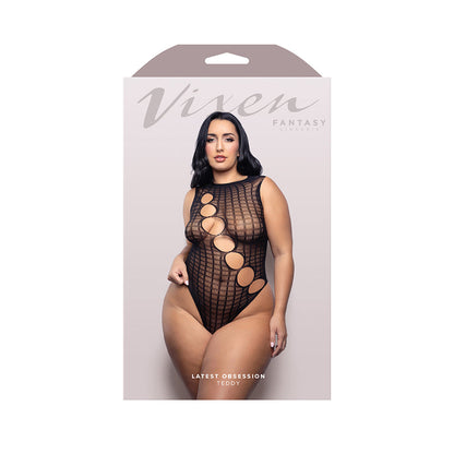 FANTASY LINGERIE - VIXEN LATEST OBSESSION TEDDY WITH DIAGONAL RHINESTONE ACCENT CUT-OUTS BLACK QUEEN SIZE