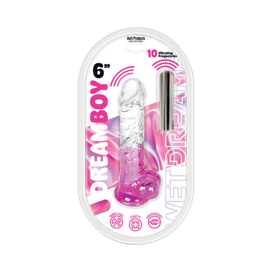 HOTT PRODUCTS - WET DREAMS DREAM BOY 6 IN. JELLY DILDO WITH RECHARGEABLE MULTI-SPEED BULLET CLEAR/MAGENTA GRADIENT