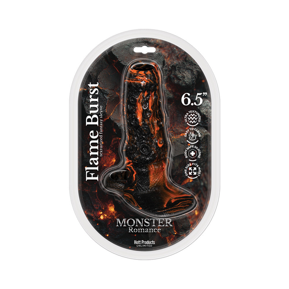 HOTT PRODUCTS - MONSTER ROMANCE FLAME BURST TEXTURED PENIS SLEEVE WITH SCROTUM STRAP