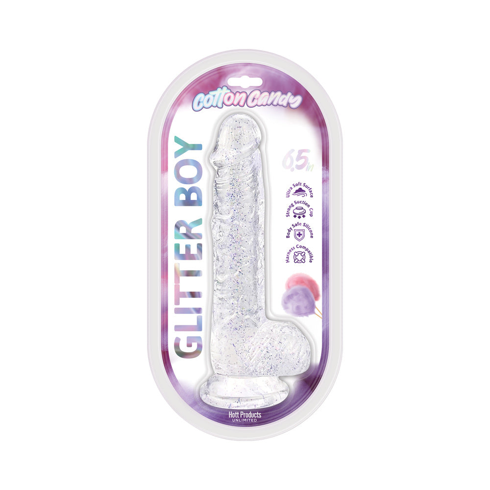 HOTT PRODUCTS - COTTON CANDY GLITTER BOY JELLY GLITTER DILDO 6.5 IN. CLEAR
