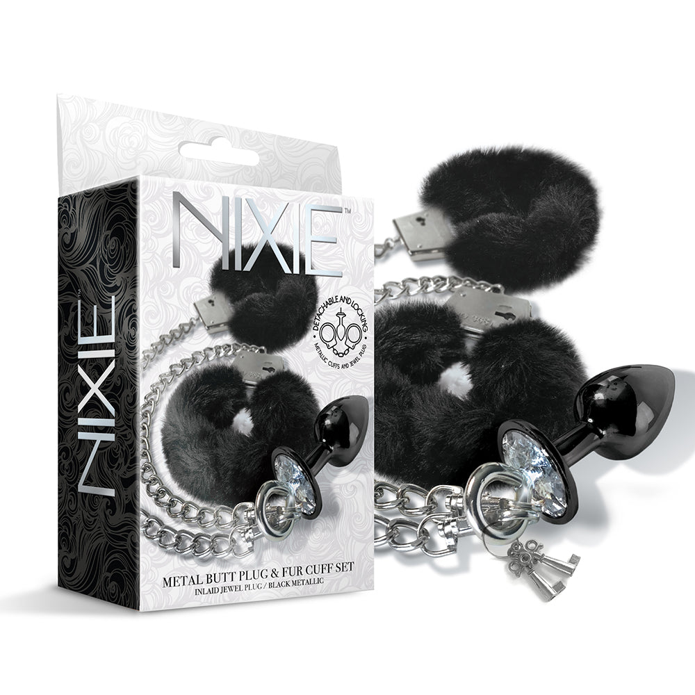 GLOBAL NOVELTIES - NIXIE METAL BUTT PLUG & FURRY HANDCUFF SET MEDIUM BLACK