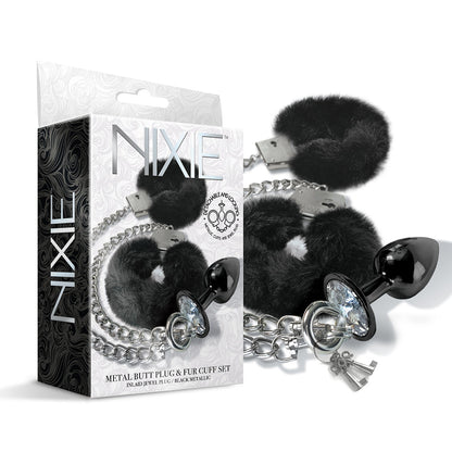 NOVEDADES GLOBALES - PLUG ANAL METÁLICO NIXIE Y JUEGO DE ESPOSAS DE PELO TALLA M NEGRO