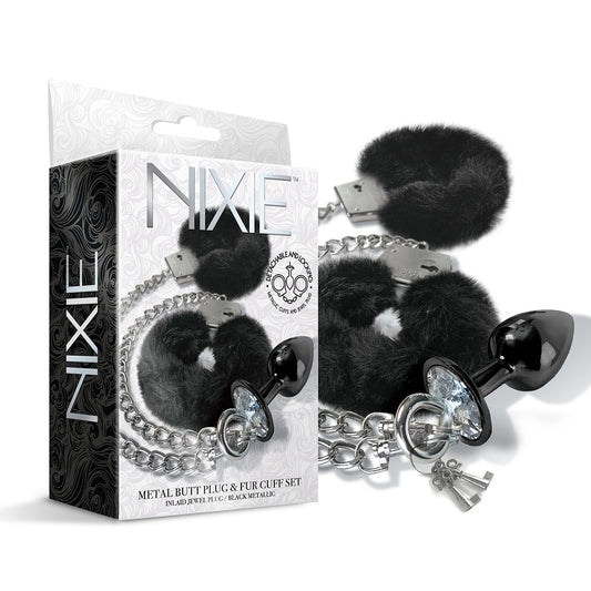 NOVEDADES GLOBALES - PLUG ANAL METÁLICO NIXIE Y JUEGO DE ESPOSAS DE PELO TALLA M NEGRO
