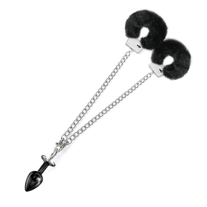 GLOBAL NOVELTIES - NIXIE METAL BUTT PLUG & FURRY HANDCUFF SET MEDIUM BLACK