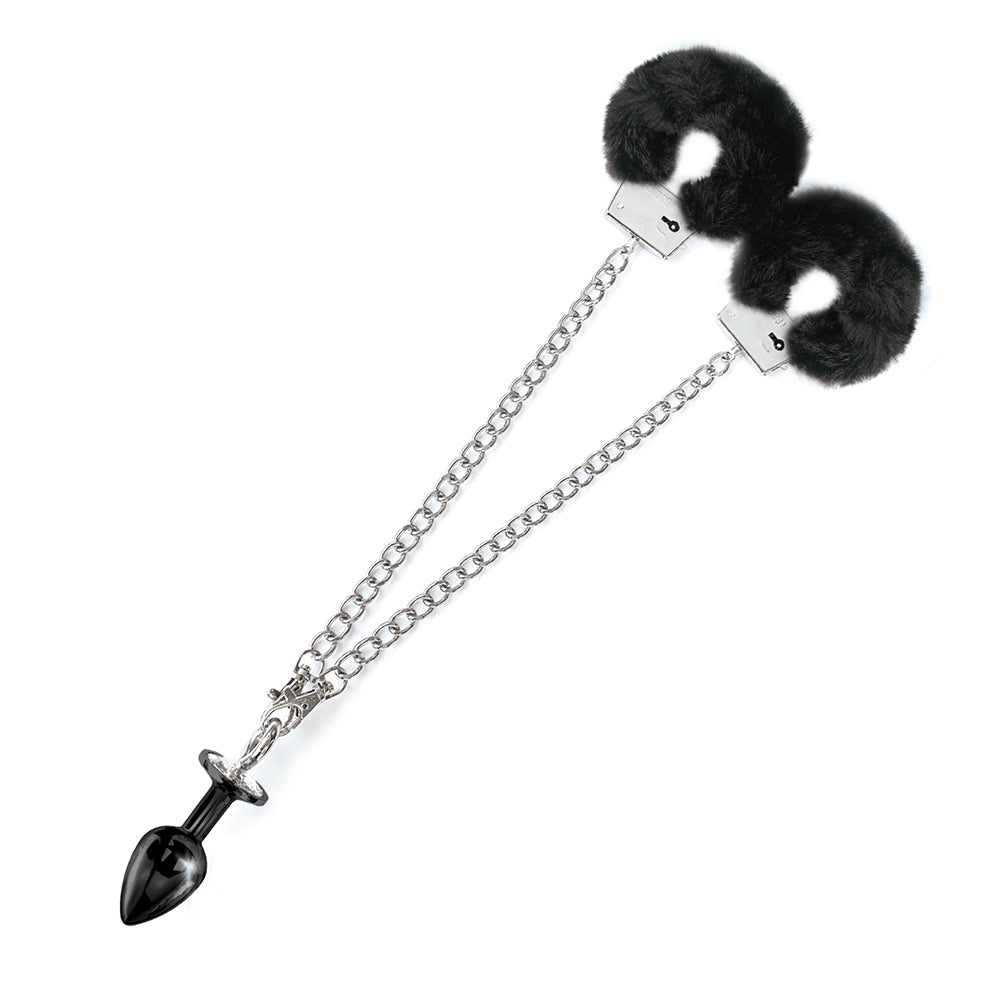 NOVEDADES GLOBALES - PLUG ANAL METÁLICO NIXIE Y JUEGO DE ESPOSAS DE PELO TALLA M NEGRO