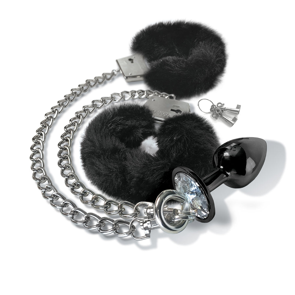 NOVEDADES GLOBALES - PLUG ANAL METÁLICO NIXIE Y JUEGO DE ESPOSAS DE PELO TALLA M NEGRO