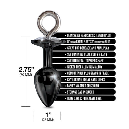 GLOBAL NOVELTIES - NIXIE METAL BUTT PLUG & FURRY HANDCUFF SET MEDIUM BLACK