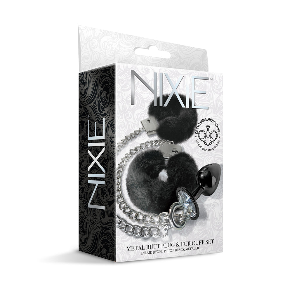 NOVEDADES GLOBALES - PLUG ANAL METÁLICO NIXIE Y JUEGO DE ESPOSAS DE PELO TALLA M NEGRO