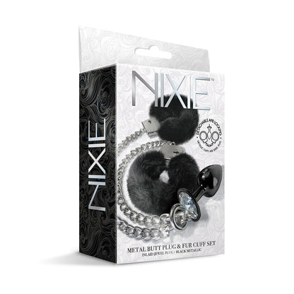 NOVEDADES GLOBALES - PLUG ANAL METÁLICO NIXIE Y JUEGO DE ESPOSAS DE PELO TALLA M NEGRO