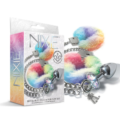 GLOBAL NOVELTIES - NIXIE METAL BUTT PLUG & FURRY HANDCUFF SET MEDIUM UNICORN