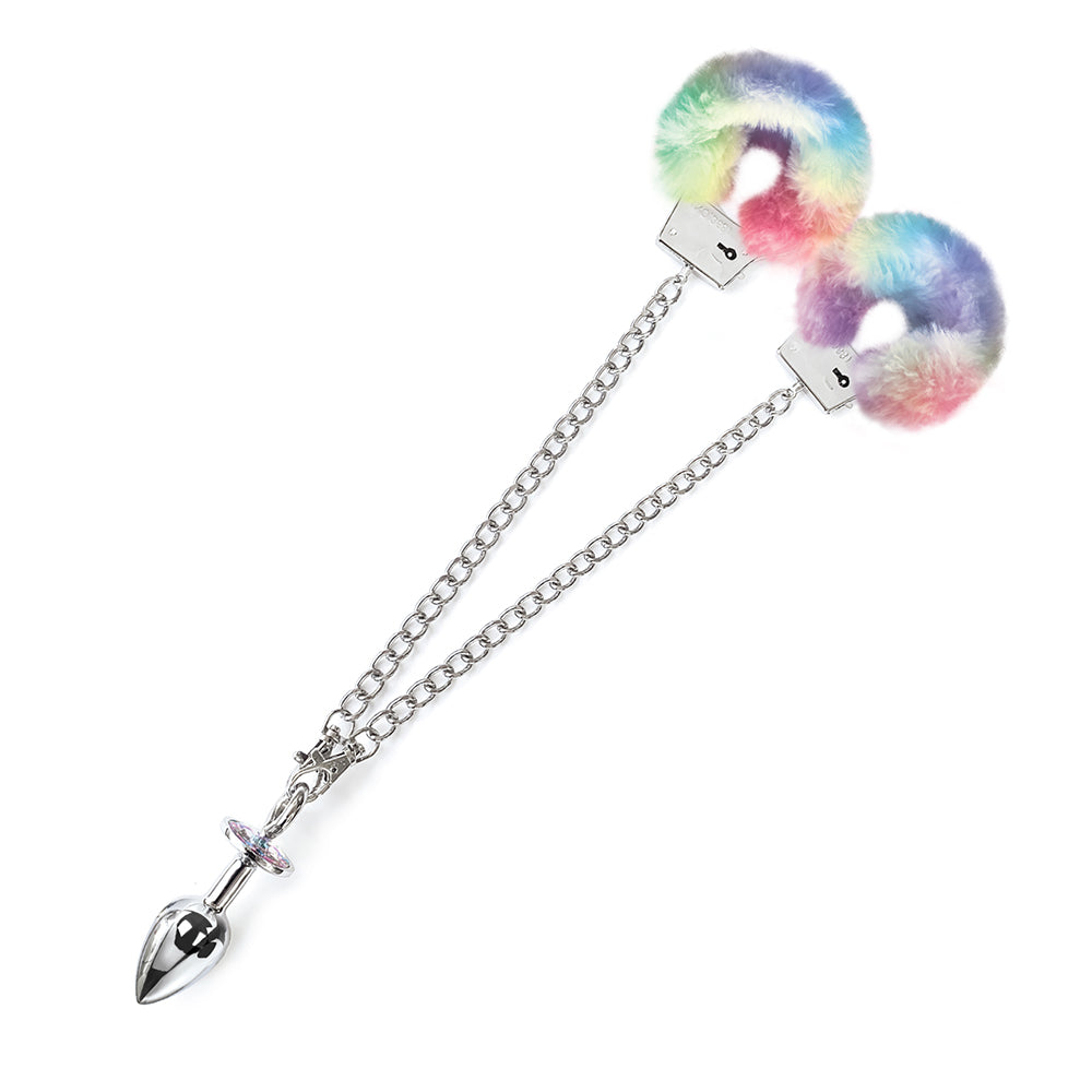 GLOBAL NOVELTIES - NIXIE METAL BUTT PLUG & FURRY HANDCUFF SET MEDIUM UNICORN