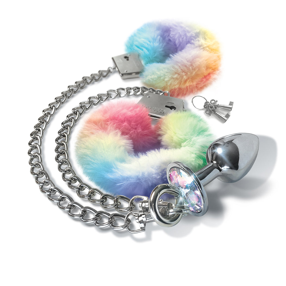 GLOBAL NOVELTIES - NIXIE METAL BUTT PLUG & FURRY HANDCUFF SET MEDIUM UNICORN