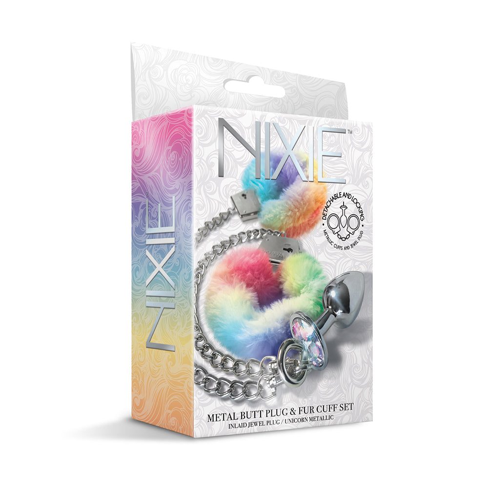 GLOBAL NOVELTIES - NIXIE METAL BUTT PLUG & FURRY HANDCUFF SET MEDIUM UNICORN