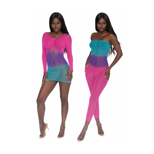DREAMGIRL - REVERSIBLE OMBRE MESH BODYSTOCKING NEON RAINBOW O/S