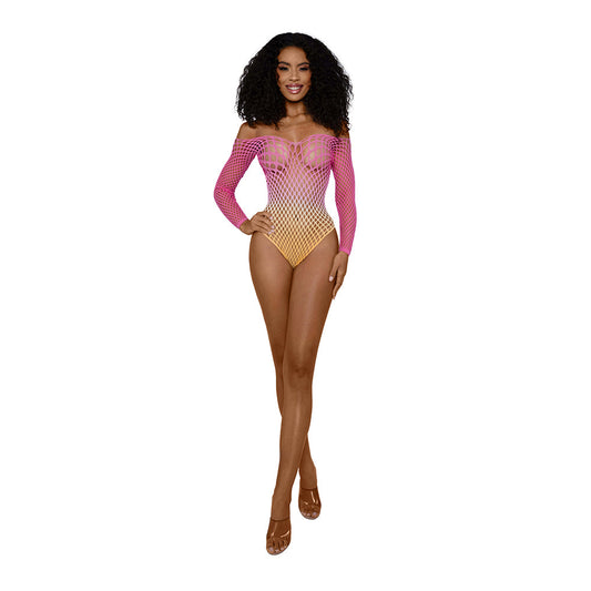 DREAMGIRL - OMBRE NET BODYSTOCKING TROPICAL PEACH O/S
