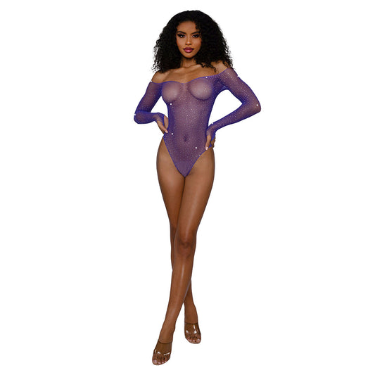 DREAMGIRL - RHINESTONE OFF SHOULDER BODYSTOCKING TEDDY ULTRA VIOLET O/S