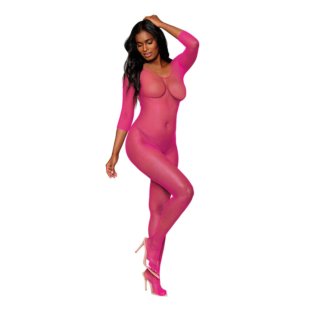 DREAMGIRL - THREE-QUARTER SLEEVE FISHNET BODYSTOCKING OPEN-CROTCH NEON PINK O/S