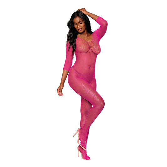 DREAMGIRL - THREE-QUARTER SLEEVE FISHNET BODYSTOCKING OPEN-CROTCH NEON PINK O/S