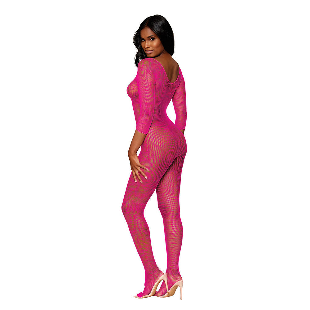 DREAMGIRL - THREE-QUARTER SLEEVE FISHNET BODYSTOCKING OPEN-CROTCH NEON PINK O/S