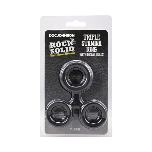 ROCK SOLID - SILICONE TRIPLE STAMINA RING WITH METAL BEADS BLACK