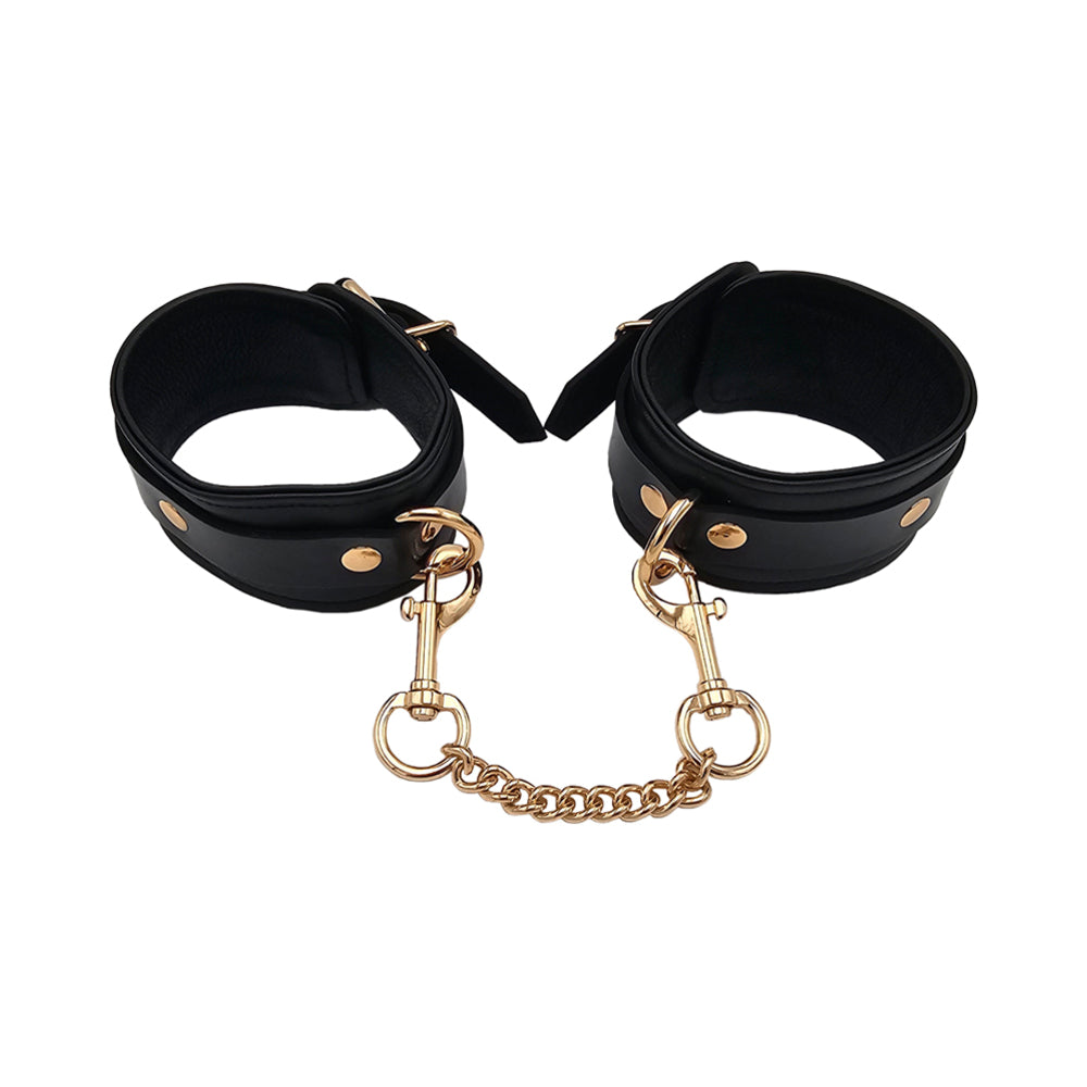 ROUGE GARMENTS - ROUGE LEATHER PLAIN WRIST CUFFS BLACK WITH GOLD ACCESSORIES