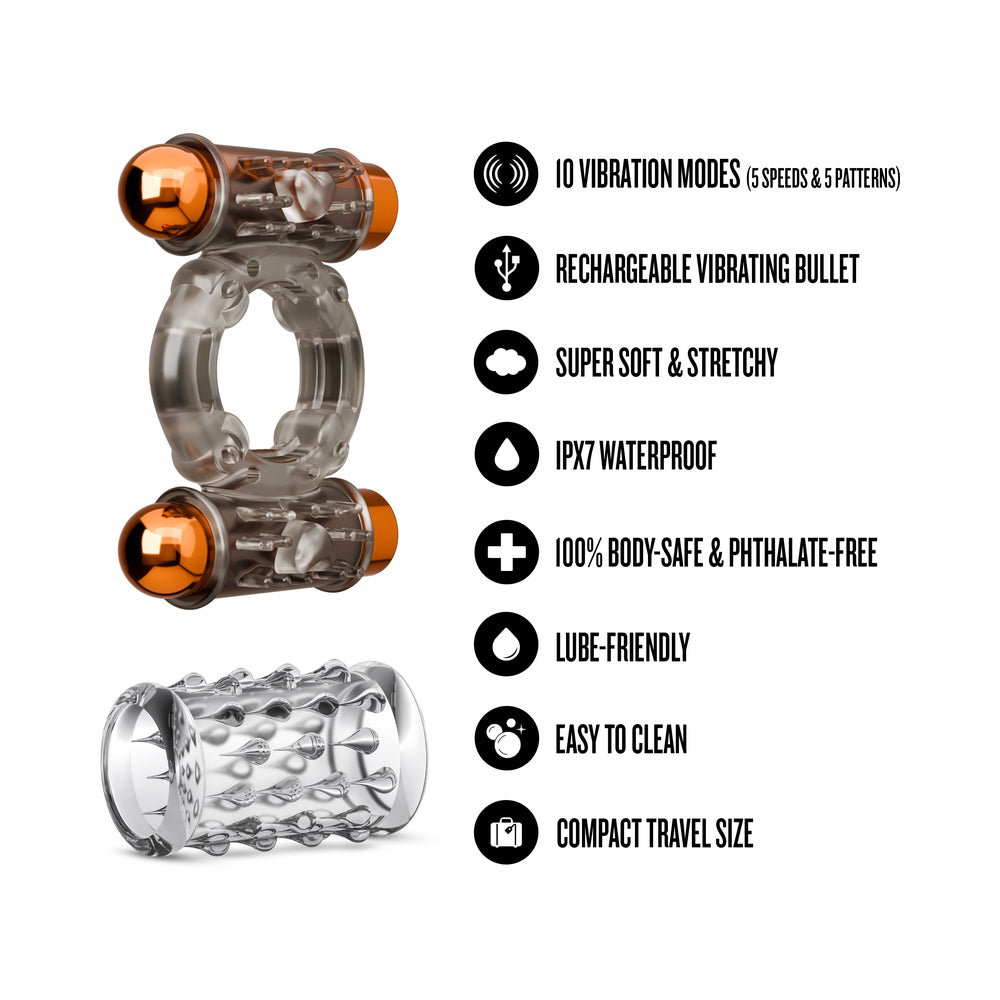 BLUSH - STAY HARD VIBRATING COCK RING SET WITH SLEEVE AND 2 BULLETS