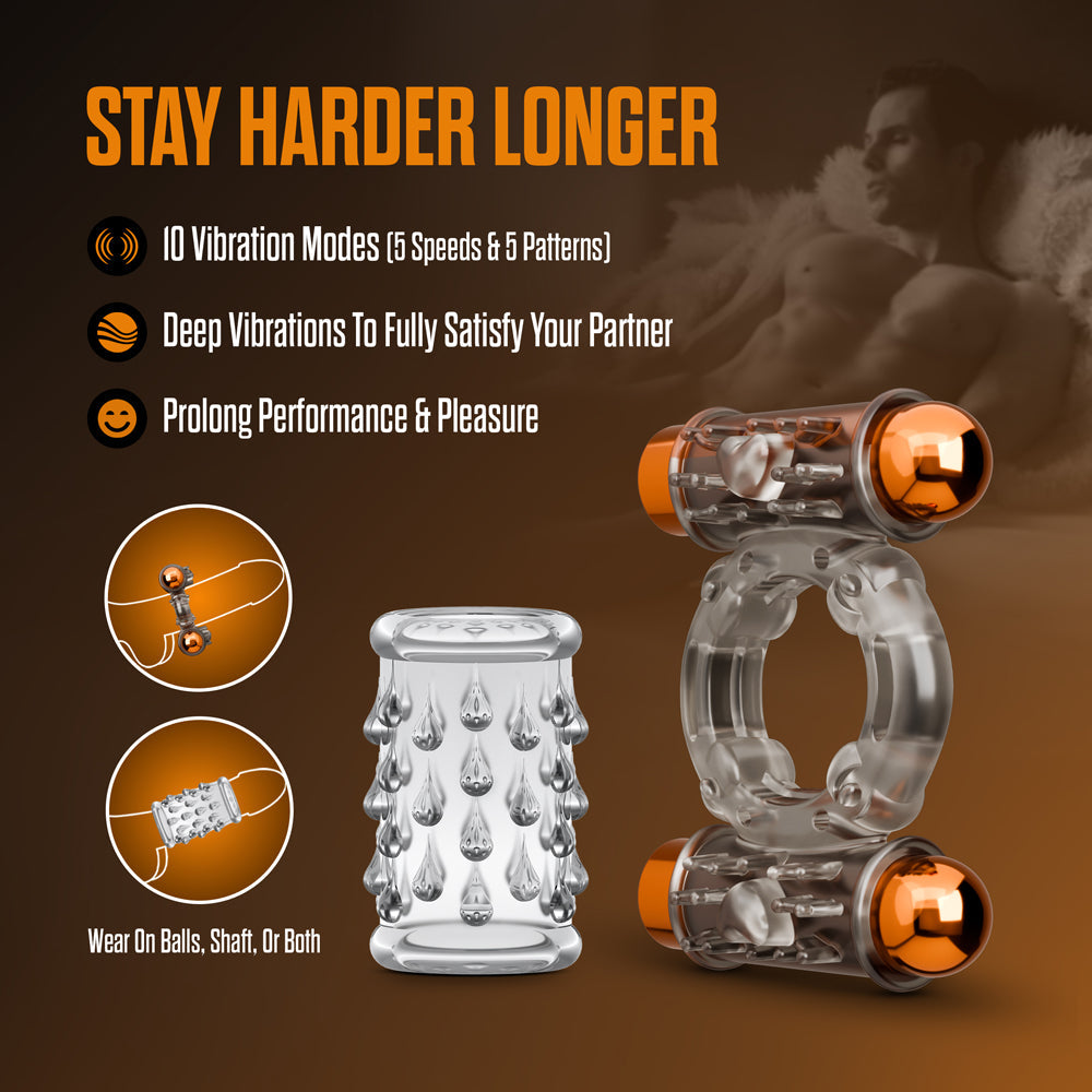 BLUSH - STAY HARD VIBRATING COCK RING SET WITH SLEEVE AND 2 BULLETS