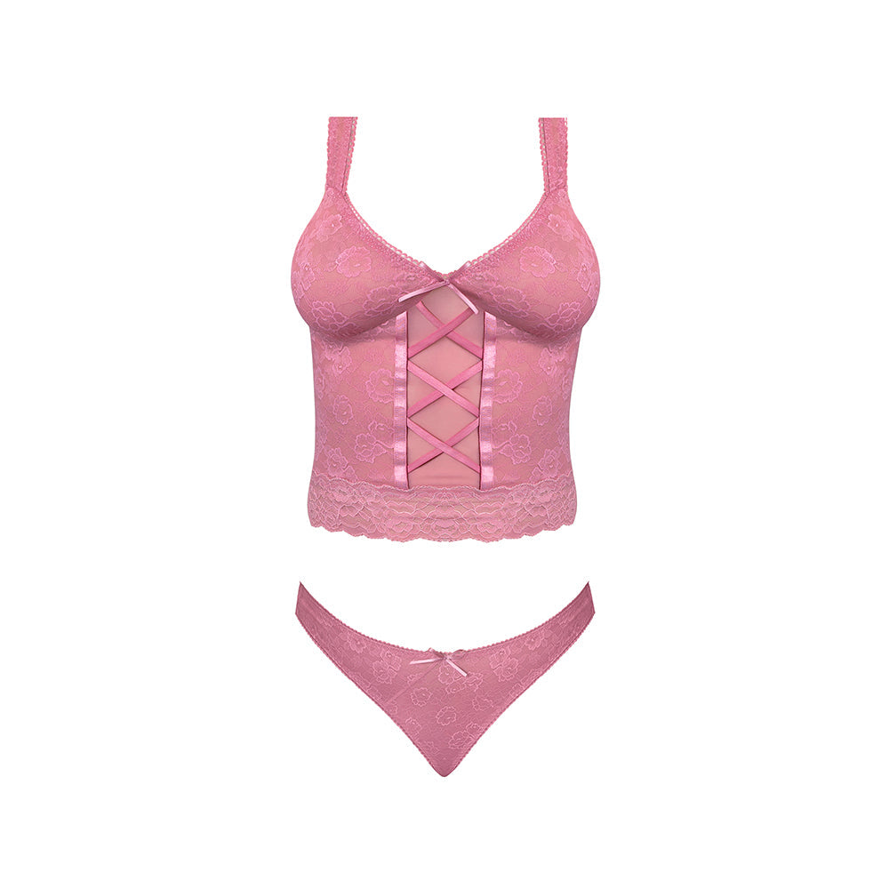 MAGIC SILK - WISTERIA MIST BUSTIER CAMI & THONG SET PINK QUEEN SIZE