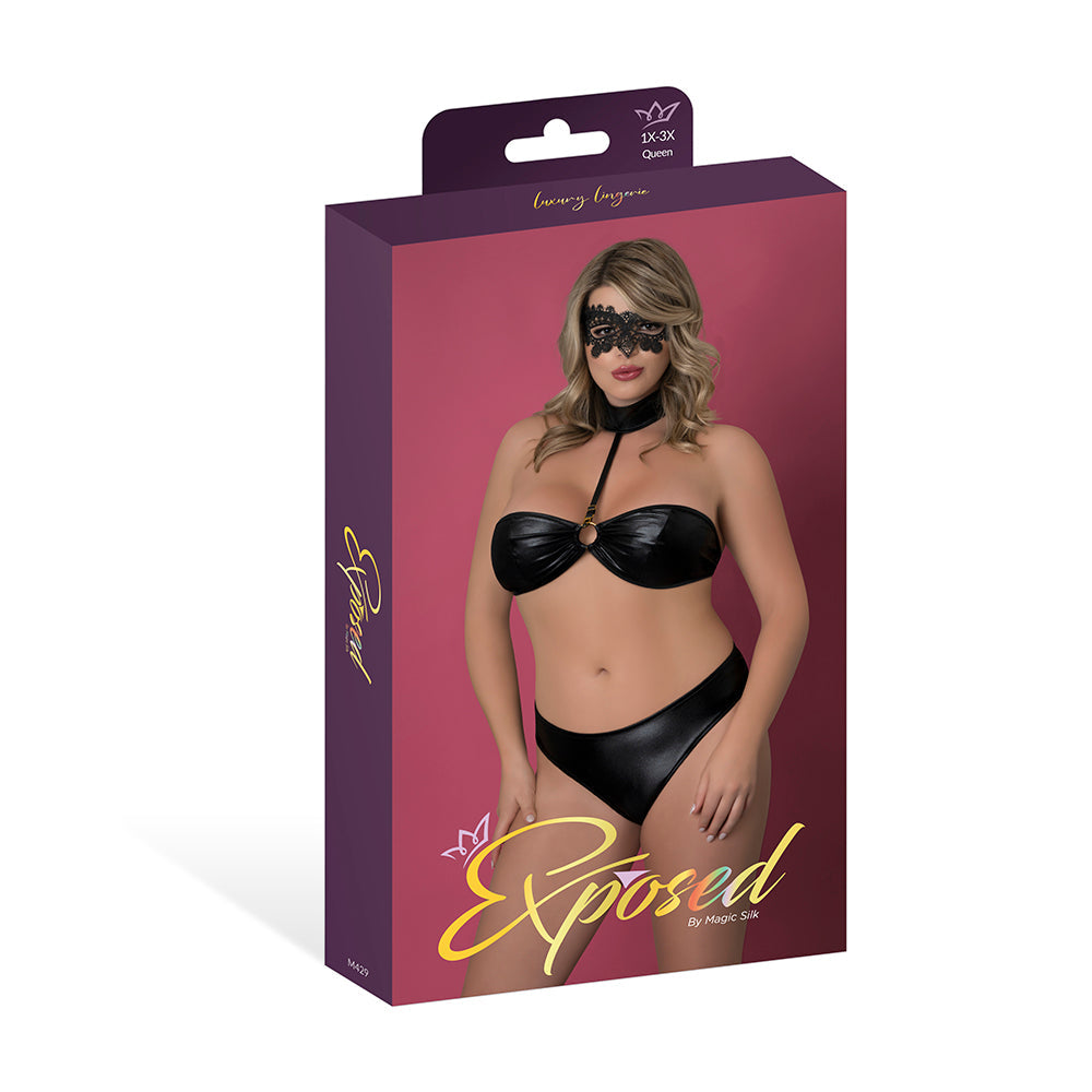 MAGIC SILK - SINFUL BANDEAU WITH REMOVABLE CHOKER, PANTY & MASK SET BLACK QUEEN SIZE