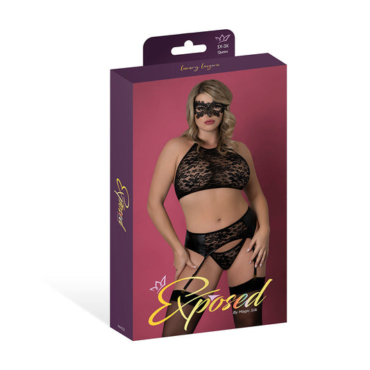 MAGIC SILK - SINFUL HALTER BRA, GARTER, PANTY & MASK SET BLACK QUEEN SIZE
