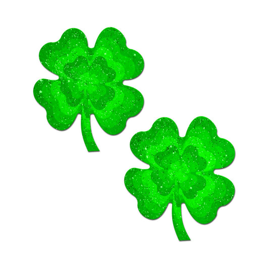 PASTEASE - FOUR LEAF CLOVER GREEN GLITTER VELVET PUMPING SHAMROCK NIPPLE PASTIES