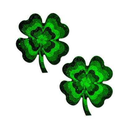 PASTEASE - FOUR LEAF CLOVER GREEN GLITTER VELVET PUMPING SHAMROCK NIPPLE PASTIES