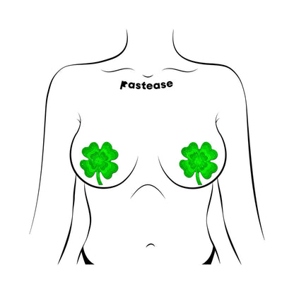 PASTEASE - FOUR LEAF CLOVER GREEN GLITTER VELVET PUMPING SHAMROCK NIPPLE PASTIES