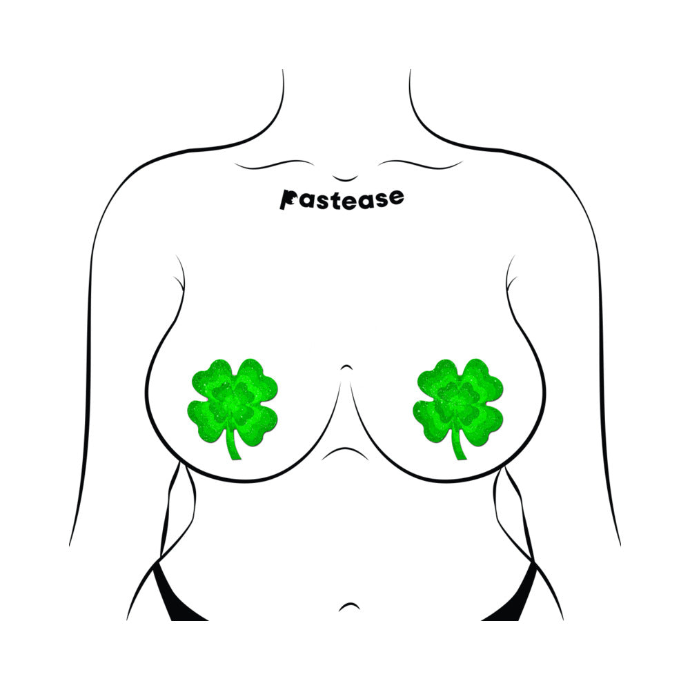 PASTEASE - FOUR LEAF CLOVER GREEN GLITTER VELVET PUMPING SHAMROCK NIPPLE PASTIES