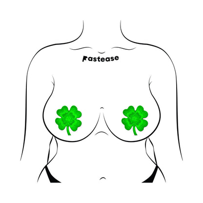 PASTEASE - FOUR LEAF CLOVER GREEN GLITTER VELVET PUMPING SHAMROCK NIPPLE PASTIES