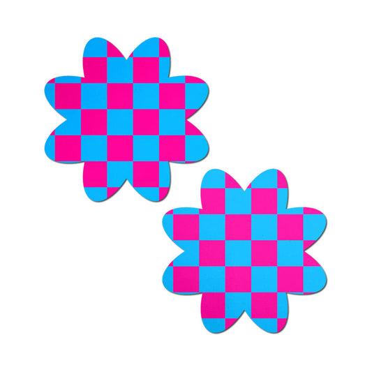 PASTEASE - NEON CHECKERED PINK & BLUE PETAL BREAST PASTIES