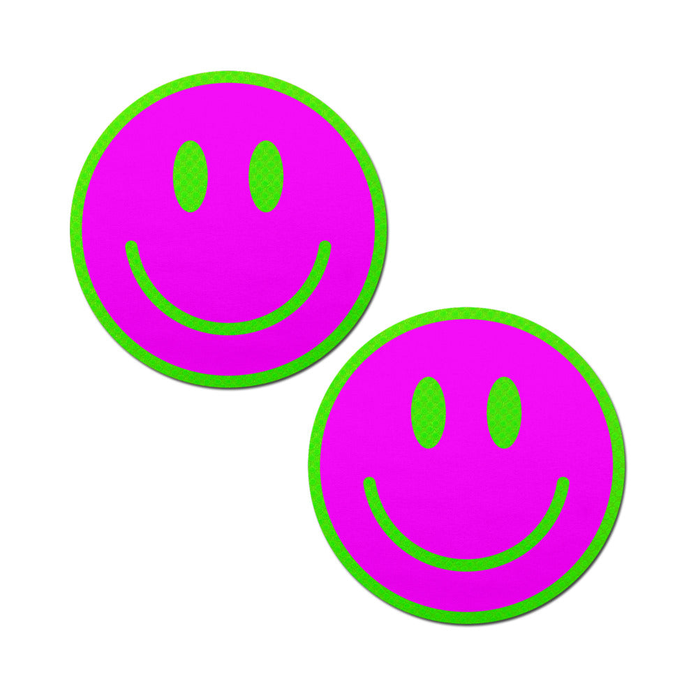 PASTEASE - NEON GREEN GLOW-IN-THE-DARK PINK SMILEY FACE BREAST PASTIES