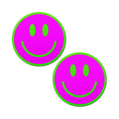 PASTEASE - NEON GREEN GLOW-IN-THE-DARK PINK SMILEY FACE BREAST PASTIES