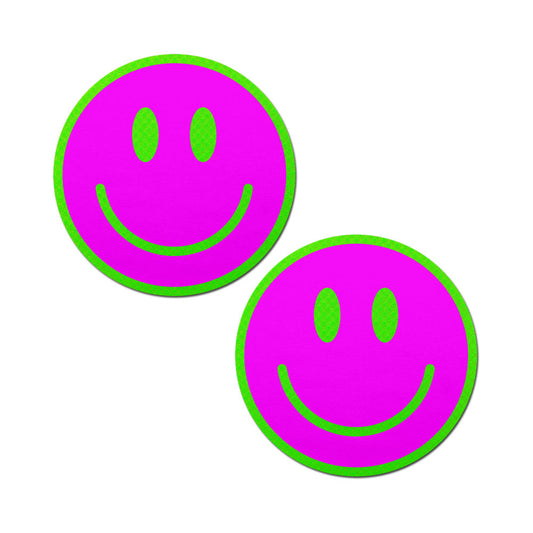 PASTEASE - NEON GREEN GLOW-IN-THE-DARK PINK SMILEY FACE BREAST PASTIES