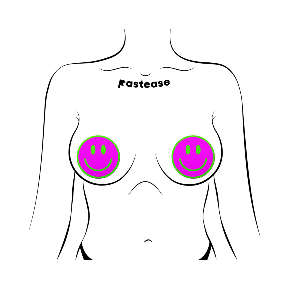 PASTEASE - NEON GREEN GLOW-IN-THE-DARK PINK SMILEY FACE BREAST PASTIES