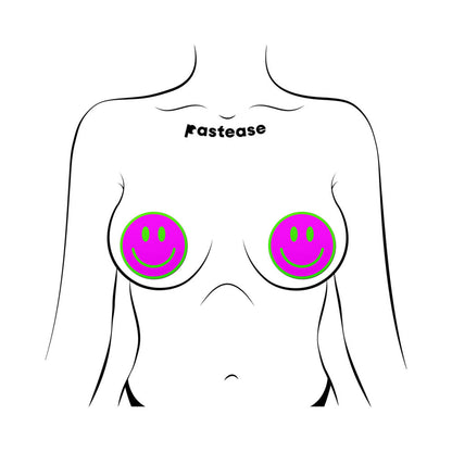 PASTEASE - NEON GREEN GLOW-IN-THE-DARK PINK SMILEY FACE BREAST PASTIES