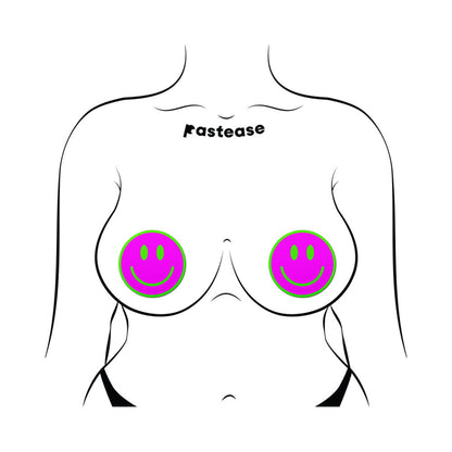 PASTEASE - NEON GREEN GLOW-IN-THE-DARK PINK SMILEY FACE BREAST PASTIES