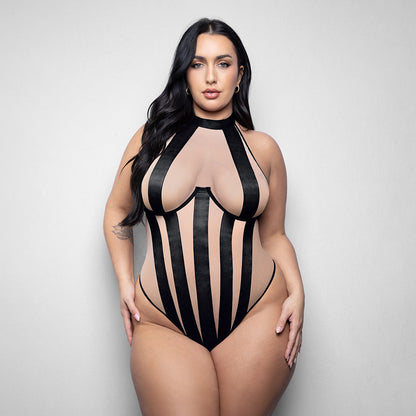 FANTASY LINGERIE - ELUSIVE VERENA HIGH NECK TEDDY WITH STRIPE DETAIL XL/2XL