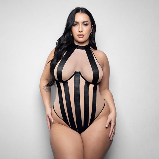 FANTASY LINGERIE - ELUSIVE VERENA HIGH NECK TEDDY WITH STRIPE DETAIL 3XL/4XL
