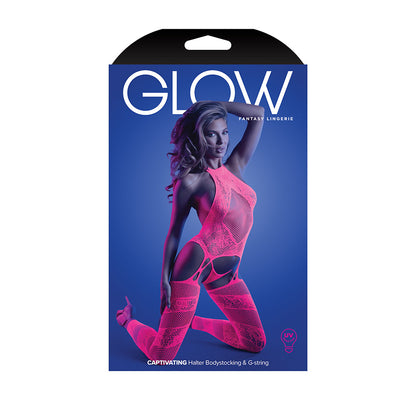 FANTASY LINGERIE - GLOW CAPTIVATING HIGH NECK HALTER BODYSTOCKING & G-STRING PANTY O/S